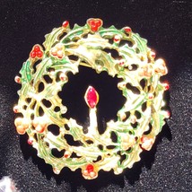 Gold Toned Holly Leaf &amp; Berries Wreath With Candle Red-Green Brooch Pin ... - $9.89