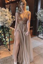 V Neck Champagne Sequins Long Prom Dress with High Slit,Sequined Formal Graduati - £158.27 GBP