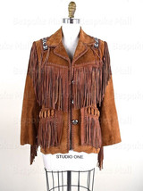 New Men&#39;s Traditional Western Wear Style Brown Suede Leather Jacket Beads-570 - £226.72 GBP