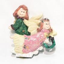 Angels with Wreath Christmas Ornament 3&quot; Green Pink Glitter - £12.68 GBP
