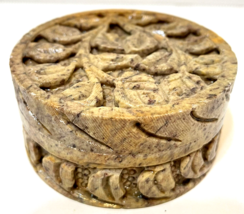Vintage Carved Stone Round Trinket Box Floral Leaves Brown 3 x 1.5 in - £12.99 GBP