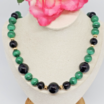 Estate Natural Malachite &amp; Black Onyx Stone Bead Necklace 25&quot; Gold Plated - £27.48 GBP