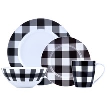 Dinnerware Set 16 Piece Buffalo Plaid White Black Service for 4 - $75.55