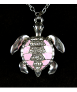 PINK Enamel TURTLE Articulated PENDANT Vintage NECKLACE Rhinestone Silve... - $29.64 CAD