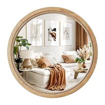 Rustic 24&quot; Circle Mirror with Natural Wooden Frame for Bedroom, Bathroom, or Ent - £92.31 GBP