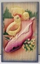 Easter Greetings Chick on Shoe Heavy Embossed Airbrushed Postcard D19 - £7.95 GBP