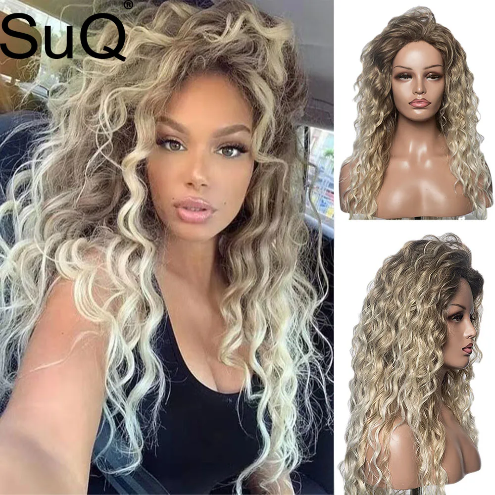 SuQ Synthetic Deep Wave Curly Wig Long Blonde Hair Wigs for Women Freepa - £21.78 GBP+