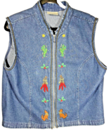 Khaki Rose Lady Size L Denim Vest Blue Embroidered V Neck Christmas - $46.38 CAD