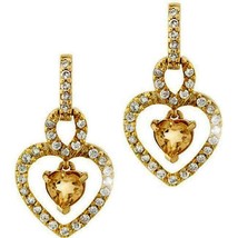 Citrine Diamond Alternatives Heart Dangle Earrings 14k Yellow Gold over 925 SS  - £31.23 GBP