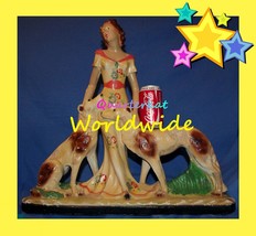 VINTAGE DECO CHALK WARE ORNAMENTS FIGURINES STATUES LARGE WOMAN BORZOI DOGS - £3,181.38 GBP