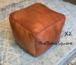 Set of 2 Handmade &amp; Stitched Moroccan Square Pouf, Genuine Leather, Natural Tan - £119.65 GBP