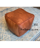 Set of 2 Handmade &amp; Stitched Moroccan Square Pouf, Genuine Leather, Natu... - $159.99