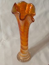 Vintage Imperial Swung Carnival Glass Vase Rippled Pattern Ruffled Rim 11.5&quot; - £27.72 GBP