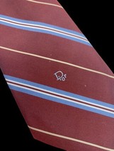 Vintage Dior Necktie Tie Spellout Designer 70s Maroon Blue Stripe 3&quot; Wide - £37.13 GBP