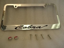 (ONE) Ford Mustang Cobra Chrome License Plate Frame Black Lettering w/ Logo Caps - $21.99