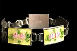 Vintage Sterling Silver &amp; Guilloche Enamel Roses Panel Bracelet 6” Small... - $105.00