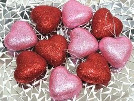 Valentines Day Pink Re Glitter Hearts 1.5&quot; Ornaments Decorations Decor Set of 10 - £7.76 GBP