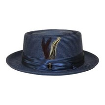 Men's Bruno Capelo RAFAELE Braid Straw Pork Pie Hat Telescope Crown RF-402 Navy image 3