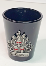Biketoberfest 2003 Black Shot Glass with 3D Pewter Skulls with Red Eyes Souvenir - £7.74 GBP