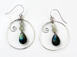 Sterling Silver Labradorite Dangle Drop Pierced Hoop Earrings - £34.81 GBP