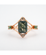 Unique Square Moss Agate Ring With Moissanite - $350.00 - $950.00