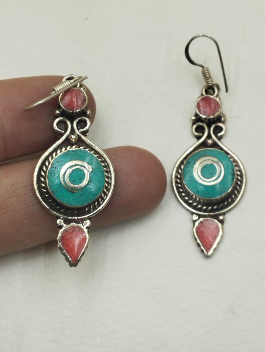 Handmade Ethnic Silver Dangle Earrings with Colorful Gemstones Item image 3