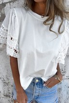 Hollow Out Embroidered Short Sleeve Round Neck Top - $26.95