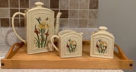 6 Pc Enesco Ceramic Butterfly Garden Trellis Coffee Set w/ Wooden Tray - £16.77 GBP