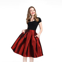 Burgudny Pleated Taffeta Skirt Women A-Line Plus Size Midi Skirt Outfit