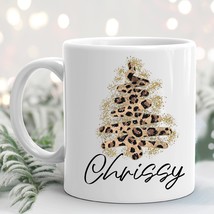 Leopard Print Christmas Tree Mug, Personalized Holiday Mug, Glitter Christmas Cu - £13.54 GBP