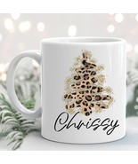 Leopard Print Christmas Tree Mug, Personalized Holiday Mug, Glitter Chri... - £13.42 GBP