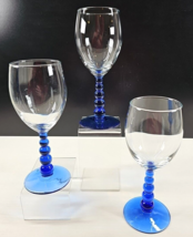 3 Libbey Metropolis Blue Water Goblets Set Ball Knob Stems Art Deco Styl... - £34.55 GBP