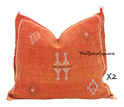 Set Of 2 Handmade &amp; Hand-Stitched Moroccan Sabra Cactus Pillow Cushion, Orange - £95.69 GBP