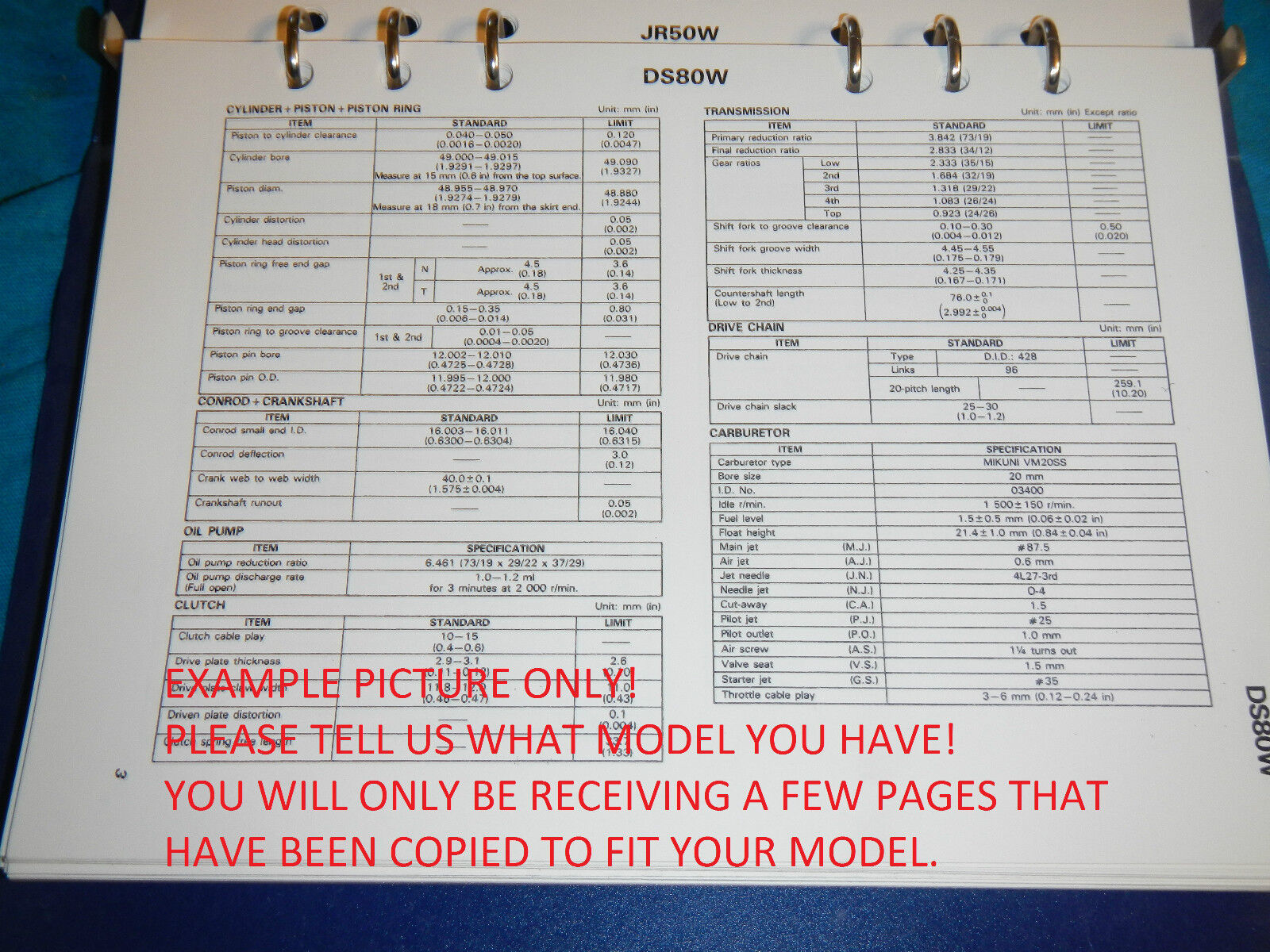 1993 93 SUZUKI SERVICE SPECIFICATIONS SPEC REFERENCE SHEET - $7.48