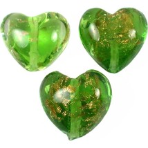 3 Light Green Heart Gold Foil Glass Lampwork Beads - £7.03 GBP
