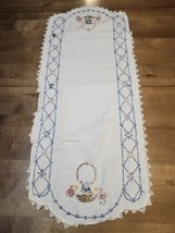 Vintage Embroidered &amp; Crocheted TBL Runner W/Flaw Great CUTTER CRAFTING - $10.00