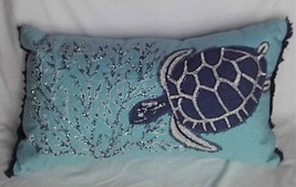NEW Embroidered Appliquéd Beaded Sea Turtle Coral Aqua Silver Ocean Throw Pillow - £39.56 GBP