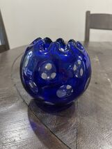 Cobalt Blue Cut to Clear Art Glass Rose Bowl Vase Dots Ruffled Top 4” - $29.69