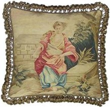 Aubusson Throw Pillow 22x22, Country Woman Pink,Brown,Beige Handwoven - £347.22 GBP