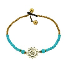 Gorgeous Heart Mandala Blue Turquoise and Brass Bead Jingle Bell Anklet - £7.86 GBP