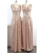 Elegant V Neck Rose Gold Sequined Long Bridesmaid Dresses - £86.99 GBP