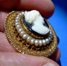 Antique Memento mori Brooch Victorian 14k Gold Deco Pendant Onyx Cameo P... - $3,320.25