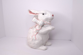 Vintage Ceramic Easter Bunny Figure Decor White w/ Pink Floral Ribbon - £11.62 GBP