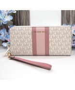 Michael Kors Rose Stripe Vanilla Monogram Zip Around Travel Wallet Wristlet NWT - $138.11