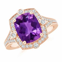 ANGARA Art Deco Inspired Cushion Amethyst Ring with Diamond Halo - £1,537.53 GBP