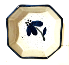 Studio Pottery Octagonal Bowl White w/Blue Floral &amp;Trim Handmade 2.25&quot;H, 5&quot; diam - £6.95 GBP