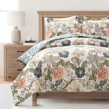 King/Cal King Floral Country Cottage Blue Green Coral Beige Comforter Set - £212.03 GBP