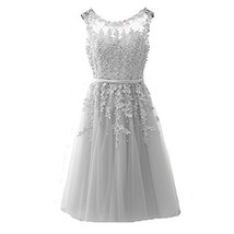 Kivary Sheer Tulle Bateau Tea Length Short Lace Pearls Prom Homecoming Dresses S - £94.93 GBP