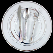120 People Dinner Wedding Disposable Plastic Plates Silverware Silver Rim Party - £198.19 GBP