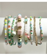 Bohemian Beaded Stretch Bracelets Set, Pastel Pink Turquoise White, Gold... - €9,41 EUR